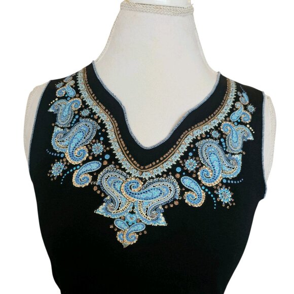 Y2K FANG Black Tank Sleeveless Top Blue Paisley Bronze‎ Glitter Vneck Sz M - Picture 3 of 7